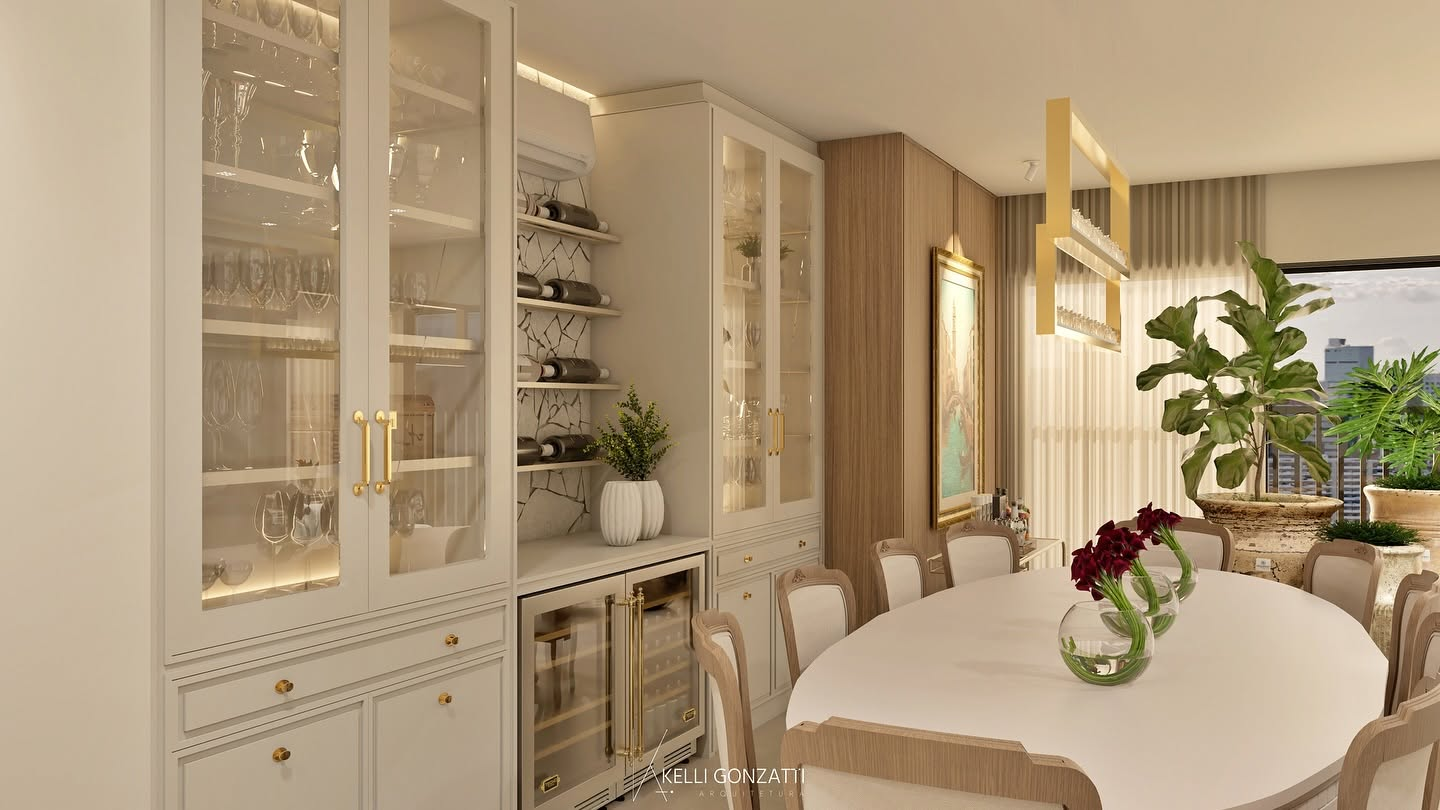 Sala de jantar com cristaleira, adega e mesa oval