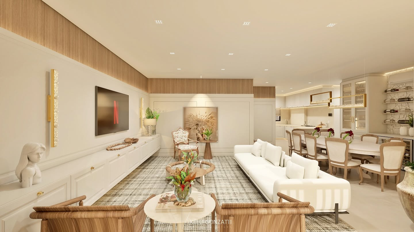Living e sala de jantar integrados em estilo clássico contemporâneo